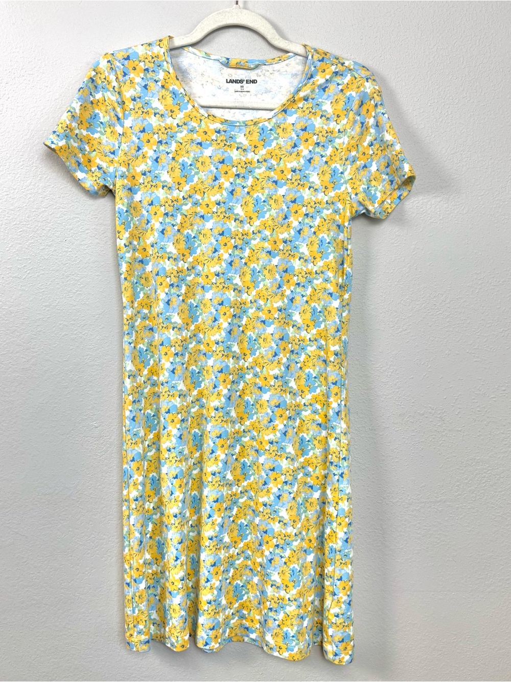 NEW Lands' End Sz XS short-sleeve dress Soft Cotton vibrant yellow & blue floral